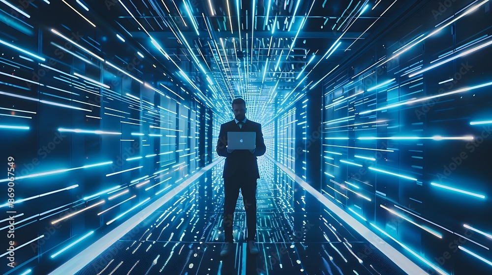 Aufkleber Futuristic Concept Business man with laptop in Data Center : Generative AI