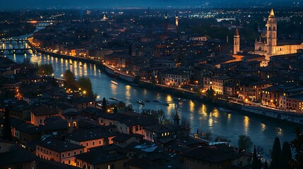 Fototapeta premium Verona Italy high angle view night city skyline at Adige river and Verona Cathedral : Generative AI