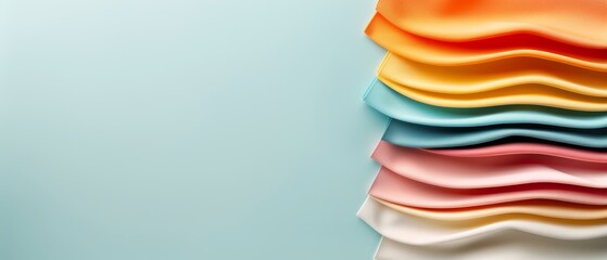 Colorful fabric layers stacked in vibrant shades of orange, yellow, blue, pink, and white on a light blue background. Perfect for textiles and design concepts.