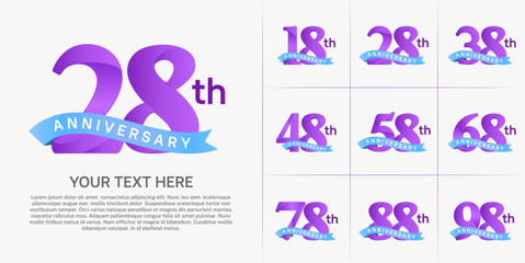 anniversary logotype set vector, purple color and blue ribbon for special day celebration