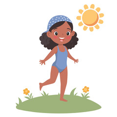 Cute little African American girl in swimsuit and hat running in the meadow. Vector illustration