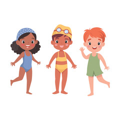 Cute little boy and girls in swimsuits, swimming cap, safety glasses and cap with vector illustration