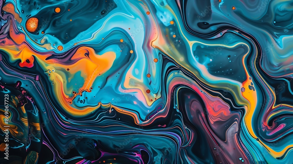 Leinwandbilder Colorful dyes mixed on a fluid art texture Background with colored waves and streams Modern abstract backdrop is created with splatter inks Liquid and smooth forms that were made by mi : Generative AI