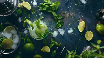 Mojito cocktail overhead flat lay panorama Summer cold drink with lime fresh mint and ice Cool beverage with mixing accessories : Generative AI