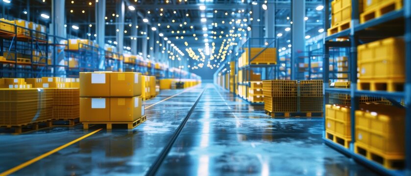 Glowing warehouse with robotic sorting systems, advanced logistics, smart inventory management