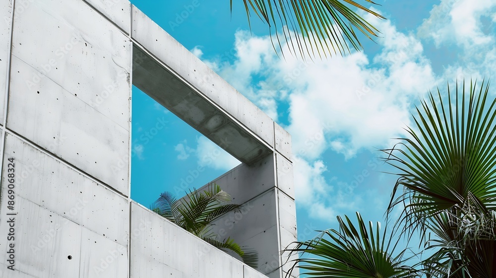 Aufkleber Architecture with Wall concrete texture with open window against blue sky and clouds Exterior White cement house Minimal Modern building with summer sky and palm leaves tree : Generative AI