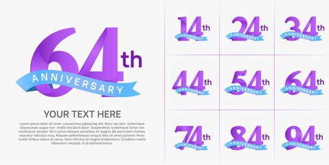 anniversary logotype set vector, purple color and blue ribbon for special day celebration