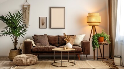 Warm and cozy interior of living room space with brown sofa pouf beige carpet lamp mock up poster frame decoration plant and coffee table Cozy home decor Template : Generative AI