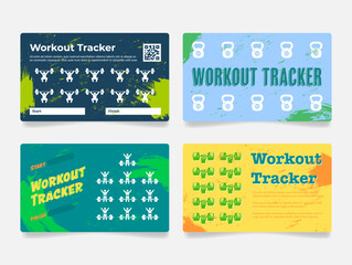 Workout tracker fitness planner control card grunge design template set vector flat illustration
