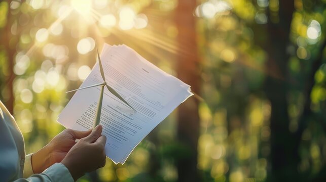 Hand holding a legal document with renewable energy guidelines, sustainable law, environmental compliance