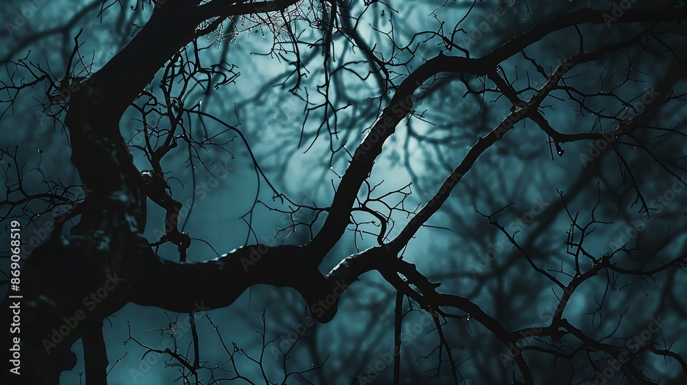 Poster leafless oak tree branches silhouette black and blue natural oak tree branches silhouette on a blue 