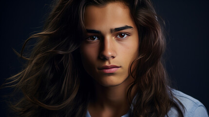 Fototapeta premium Happy cheerful young latino generation z. Smiling ethnic cool generation z teenage student, long hair, blue background.