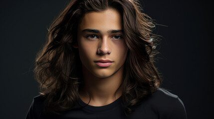 Happy cheerful young latino generation z. Smiling ethnic cool generation z teenage student, long hair, gray background.