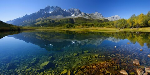 Naklejka premium Mountain Lake Reflection in Clear Water