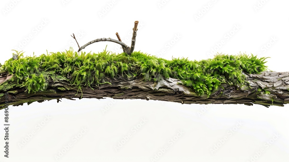 Poster green moss on rotten branch isolated on white side view : generative ai