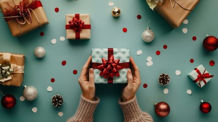 Close-up of female hands with gift boxes on light green table with Christmas decorations top view lying down New Year and Christmas holidays