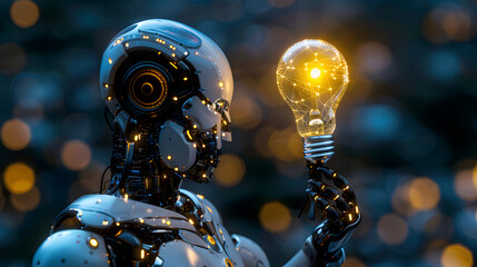 AI, machine learning, & big data merge in this futuristic image of human-robot interaction, with a brain data-powered light bulb symbolizing innovation in science & technology