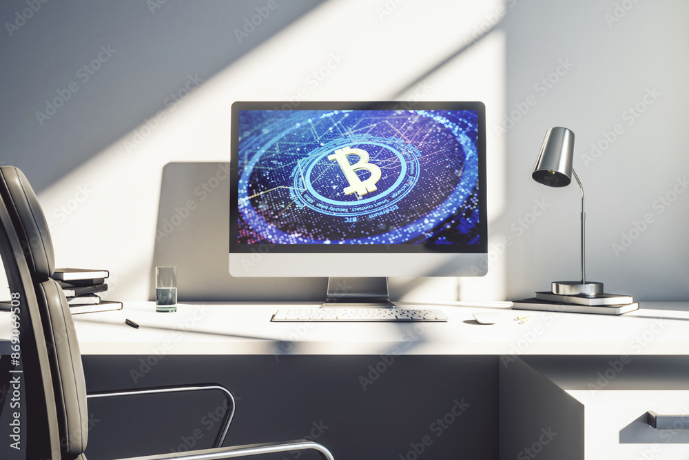Leinwandbilder modern computer monitor with creative bitcoin symbol. cryptocurrency concept. 3d rendering