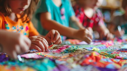 Children eagerly participate in a quilting workshop, surrounded by vibrant fabrics and colorful threads.