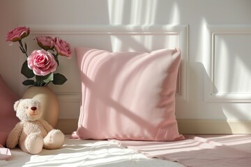 Blank cushion in children's room, minimalistic, modern style mockup in beige calm natural tones. Lifestyle story concept.