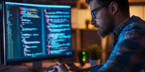 A software developer intensely working on code displayed on dual monitors amid a background of an office setting, showcasing dedication and focus during the evening hours.