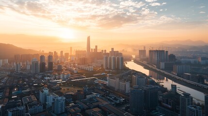 Obraz premium Aerial view of city skyline and modern buildings at sunrise in Ningbo Zhejiang Province China East new town of Ningbo It is the economic cultural and commercial center of Ningbo City : Generative AI