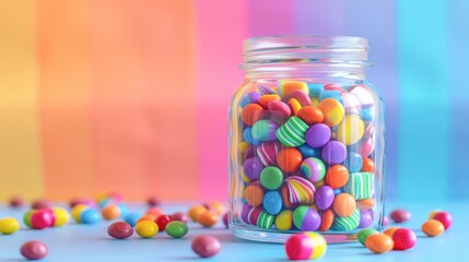 Rainbow-colored candies in a glass jar, sweet treats, Pride month