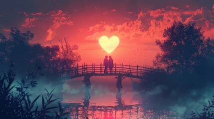 Bridge of Love: Silhouette of a Couple with a Glowing Heart at Sunrise