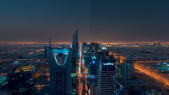 Kingdom of Saudi Arabia with a night view  Kingdom Tower  Riyadh skyline  Riyadh at night : Generative AI