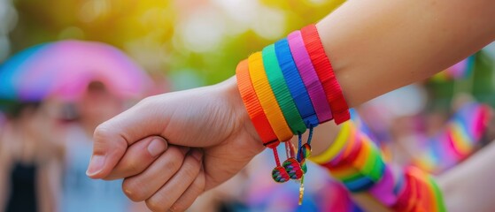 Rainbow-colored wristbands on a wrist, Pride symbols, unity and support