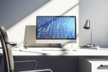 Abstract creative statistics data hologram on modern computer monitor, analytics and forecasting concept. 3D Rendering