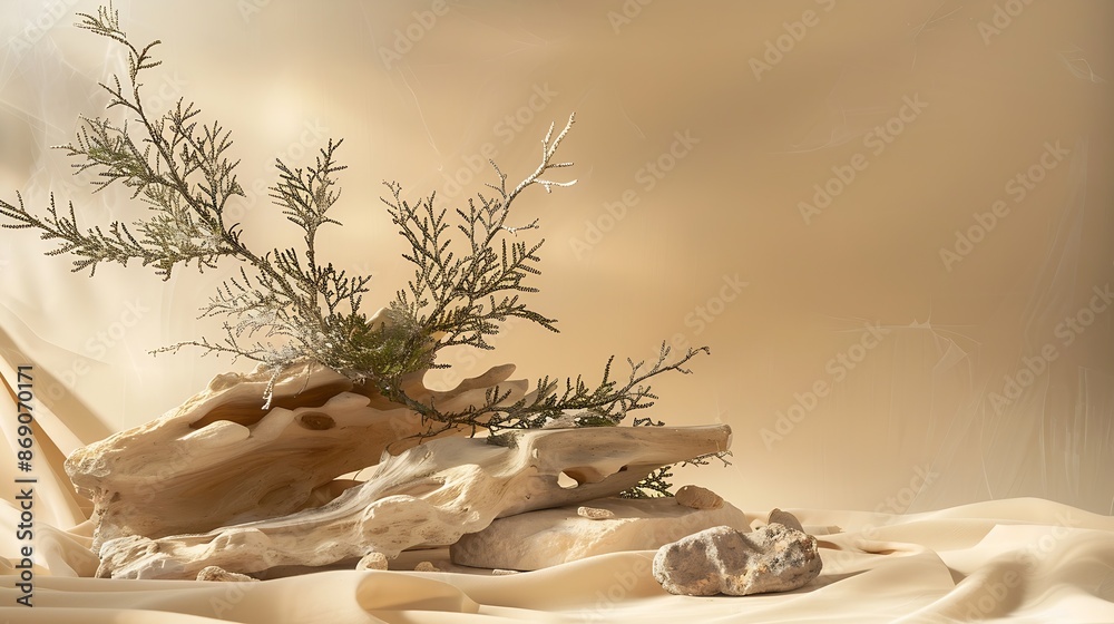 Poster abstract nature scene with a composition of juniper and dry snags neutral beige background for cosme