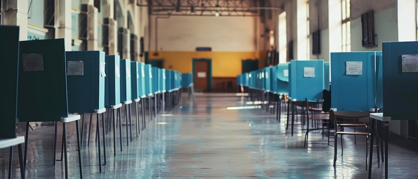 Rows of voting booths in a polling station, national elections, democratic process