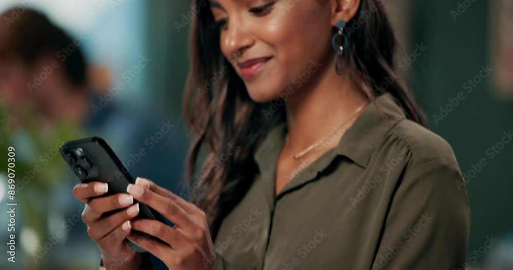 Poster computer, design and phone with designer woman in office for communication, networking or typing. ba