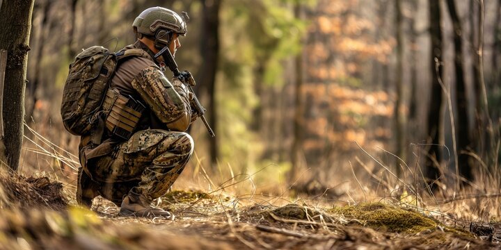 A soldier in camouflaged gear, holding a rifle while crouching in a forest environment, demonstrating stealth, readiness for action, and blending with the natural surroundings. - Powered by Adobe
