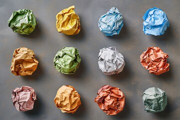 Flawed concept drafts, discarded balls of realistic crumpled paper, errors or blunders on page, wrinkled sheet or utilized pouch, recyclable waste sorted for repurposing, creased texture.