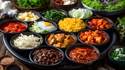 Korean Food  Assortment Of Small Bowls With Various Dishes