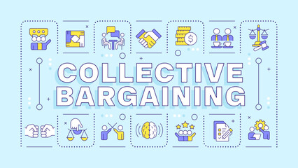 Collective bargaining blue word concept. Working conditions, labor rights. Workers association. Typography banner. Vector illustration with title text, editable icons color. Hubot Sans font used