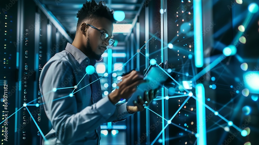 Fototapete Internet Business Digital technology Network and cybersecurity of data center with engineer working in a server room computer Data analytics troubleshooting with a programmer : Generative AI