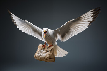 Obraz premium A seabird is flying holding onto an email package.