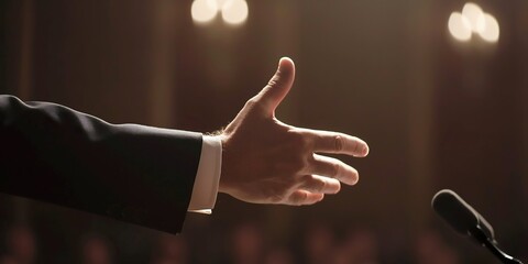 A close-up shot of a hand gesturing emphatically during a speech, with a microphone in the background, indicating a moment of highlighting or making a significant point.