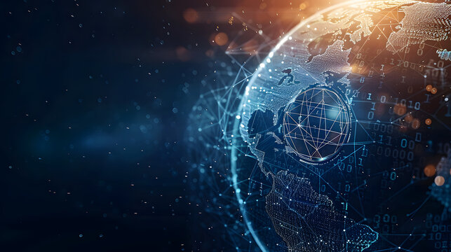 Blockchain technology futuristic hud background with world globe and blockchain polygon peer to peer network. Global cryptocurrency blockchain business banner concept