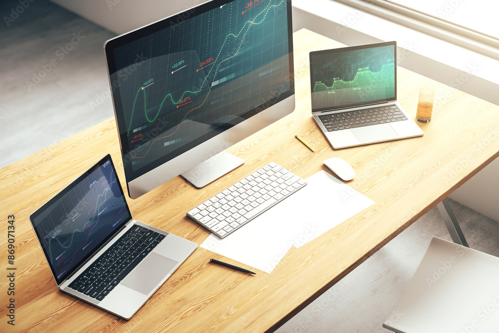Aufkleber modern computer monitor with abstract statistics data hologram interface, computing and analytics co