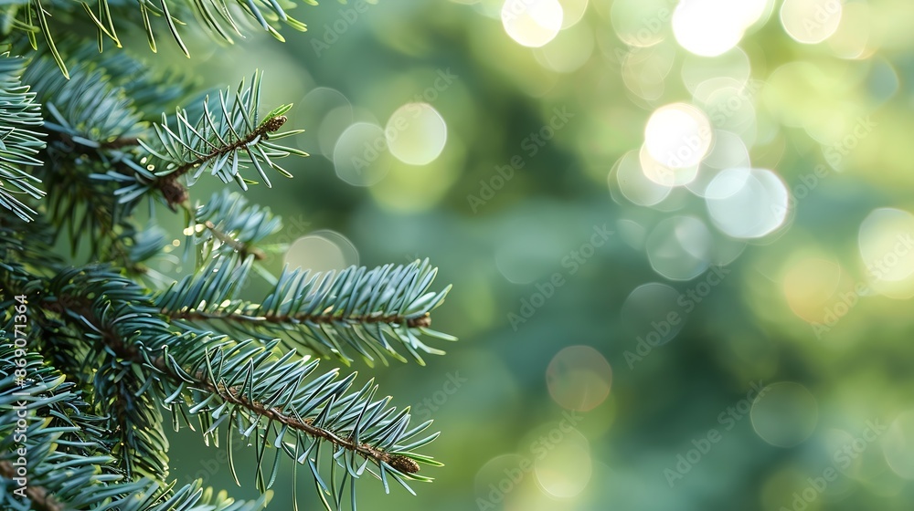 Poster Blue spruce and fir tree  branches with fresh green needles on blurred green and an isolated background : Generative AI
