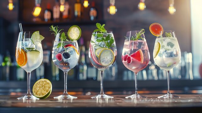 Gin tonic cocktails with various taste in balloon glasses on bar counter : Generative AI