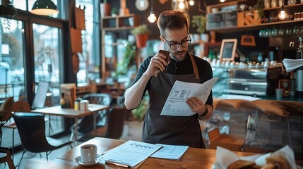 Business owner phone call and paperwork for restaurant cafe logistics or food management Supply chain checklist manager or man in mobile communication for stock inventory in coffee sho : Generative AI