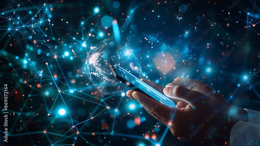 Poster Digital technology IoT Internet of Things Global internet network and social media communication for digital marketing and global business mobile banking via mobile app wireless techno : Generative AI