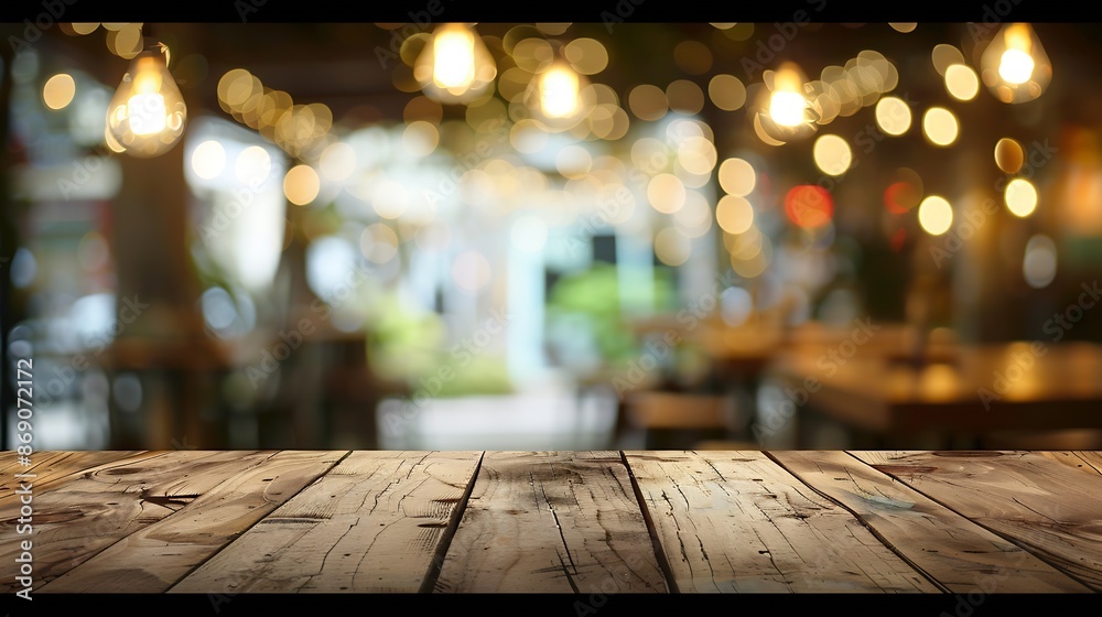 Aufkleber empty wooden table top with lights bokeh on blur restaurant background : generative ai