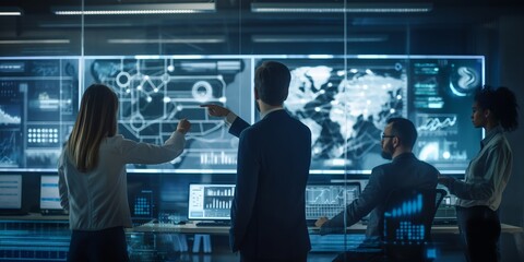 A group of professionals are analyzing complex data visualizations on a large digital screen, indicating a high-tech environment and collaborative work process.