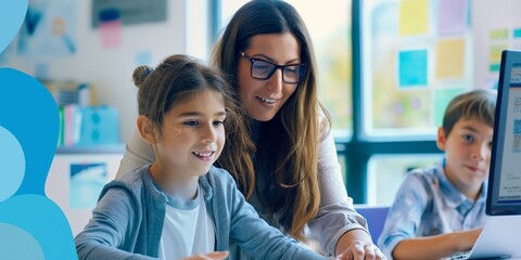 A female teacher enthusiastically helps young students with their work on computers, providing guidance and fostering a productive and supportive learning environment.